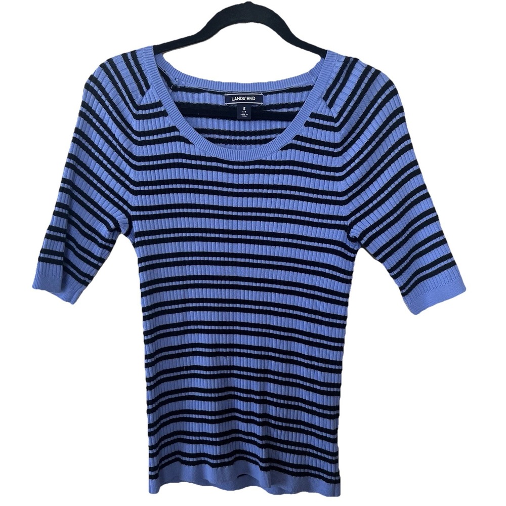 Lands' End Sweater Women S 6/8 Striped Blue Black‎ Ribbed Scoop 3/4 Sleeve EUC